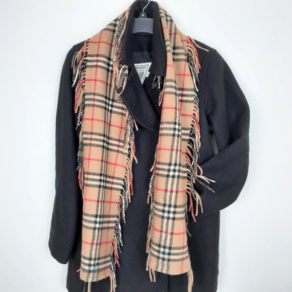 Plaid scarf with fringes. Red, black and white on tan preppy - Picture 6 of 6